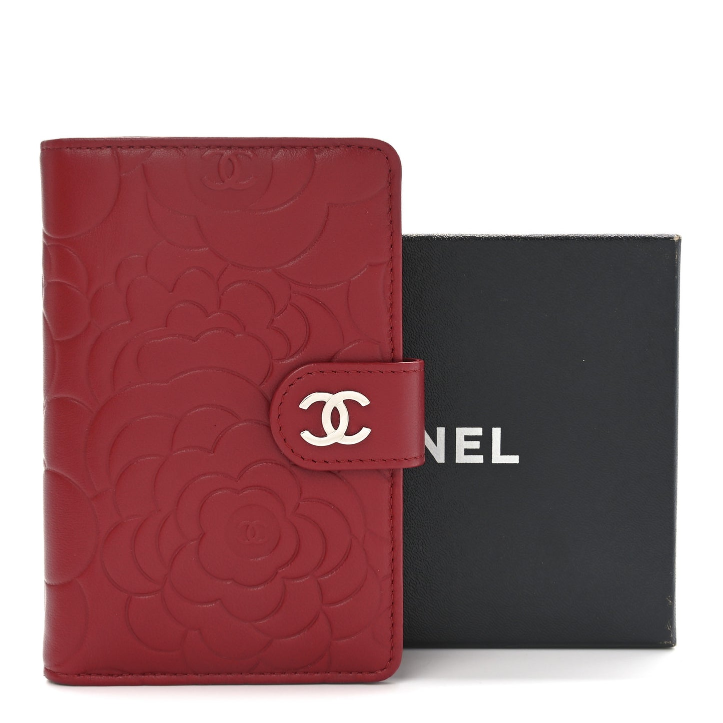 Lambskin Camellia Embossed Zipped Pocket Wallet Red