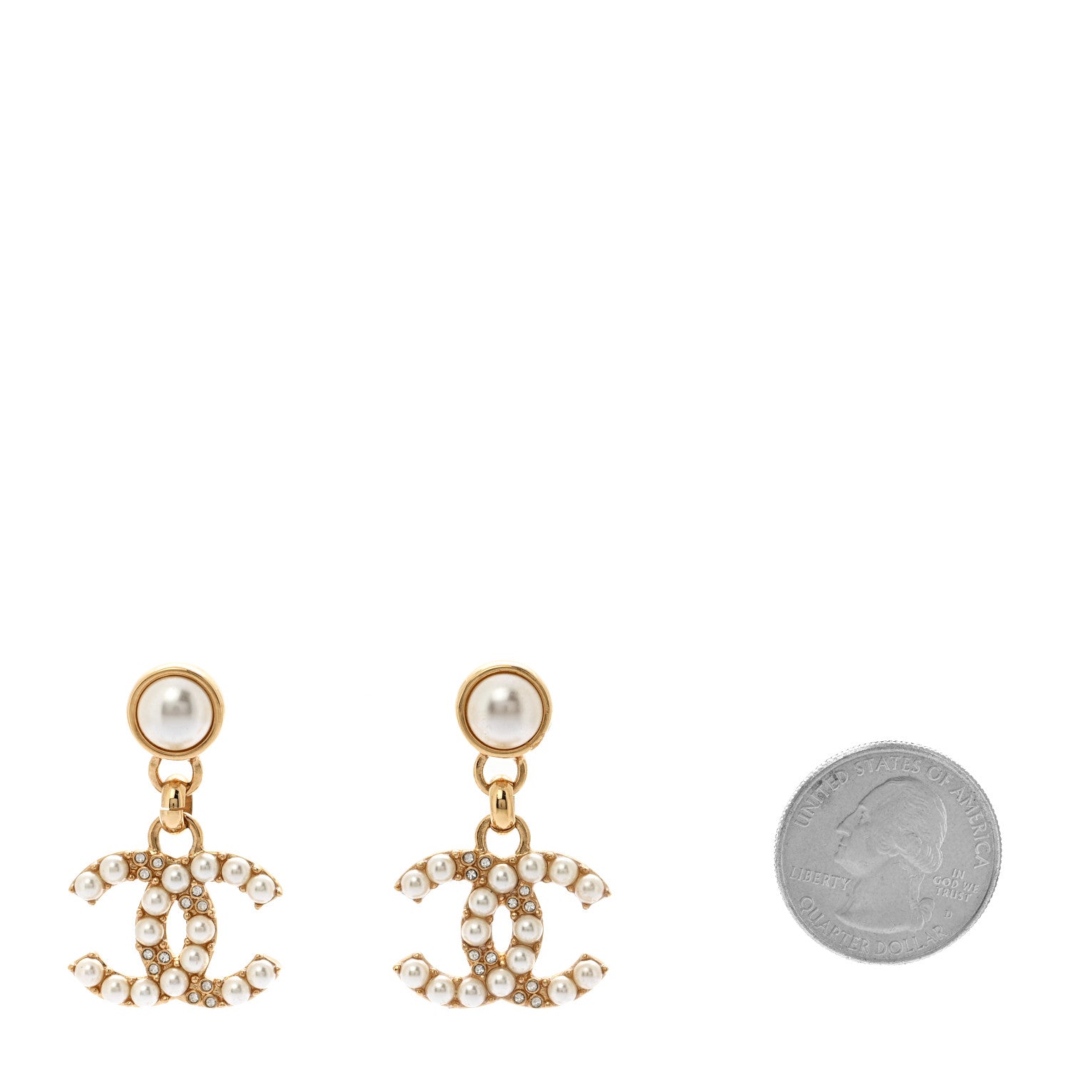 Chanel Pearl Crystal CC Drop Earrings Gold 2 of 5