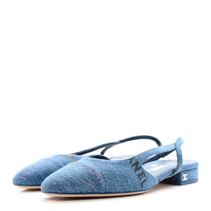 Chanel Denim Printed Denim Mood Cap Toe CC Slingback Flats 38 Light Blue Multicolor 3 of 10
