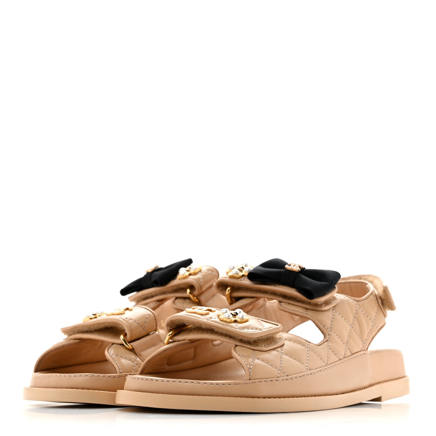 Chanel Lambskin Velcro CC Pearl Bow Dad Sandals 38 Beige 4 of 12