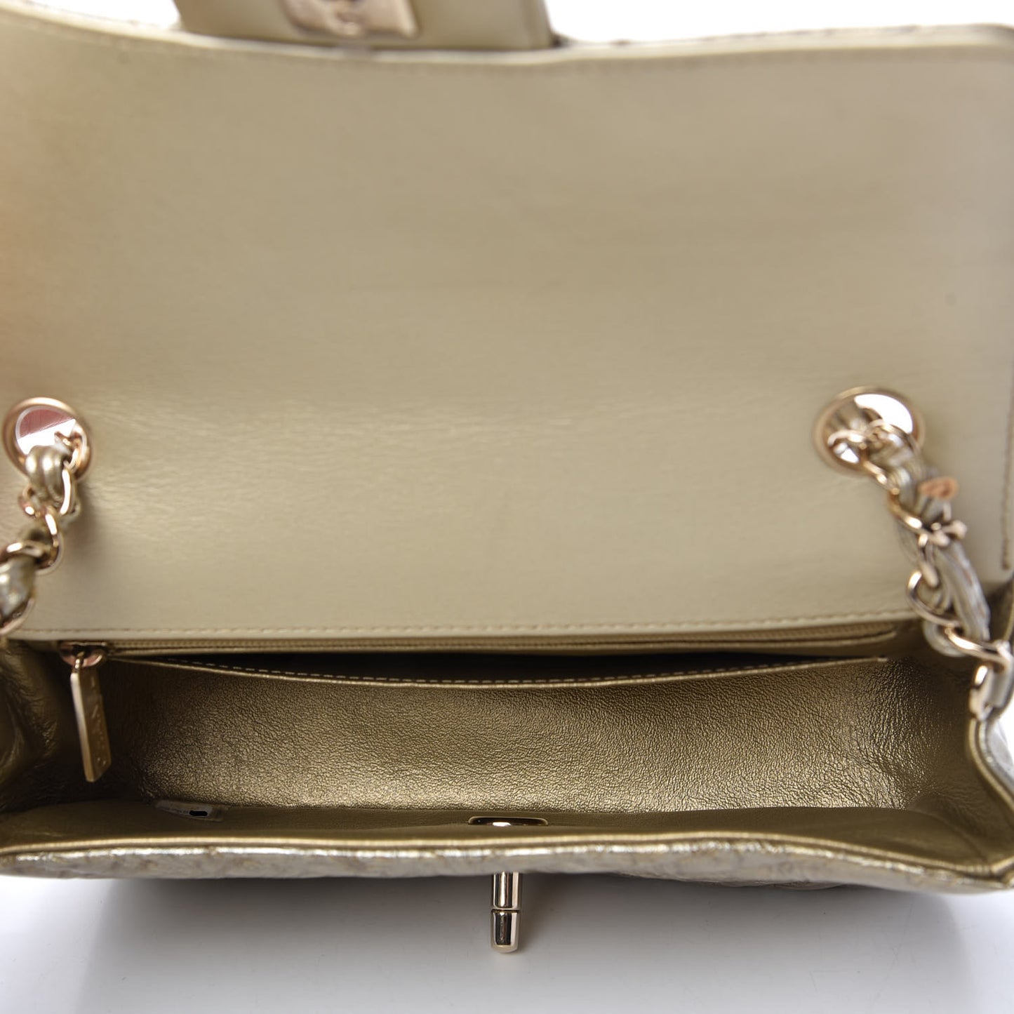 Patent Metallic Crumpled Calfskin Chevron Quilted Mini Rectangular Flap Gold