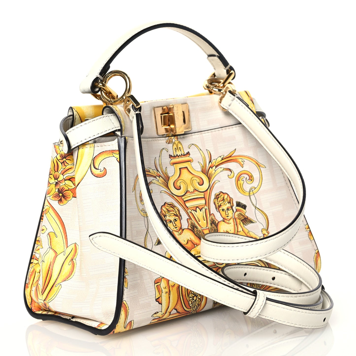 X VERSACE Vitello Seta Nappa Fendace FF Baroque Mini Peekaboo Iconic Satchel White Ice Gold