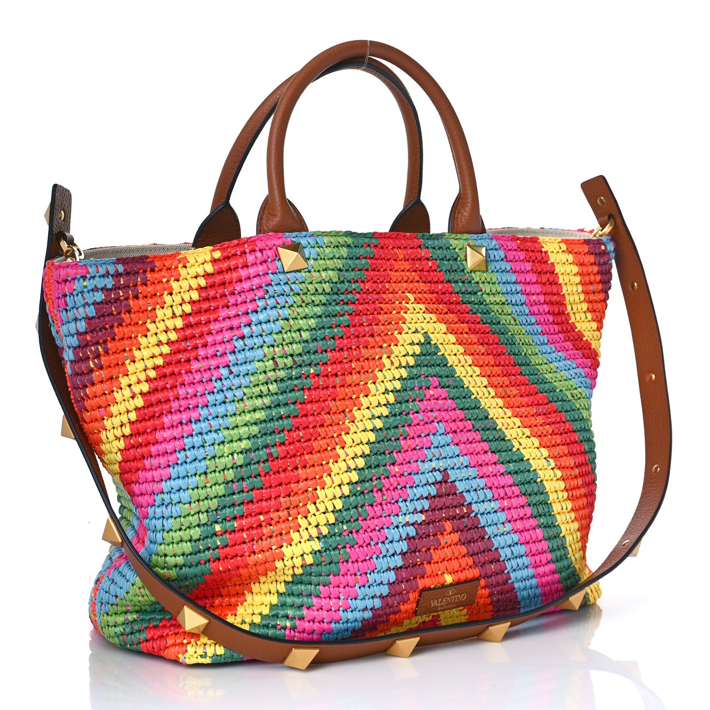 Raffia Calfskin Rockstud Summer Tote Multicolor