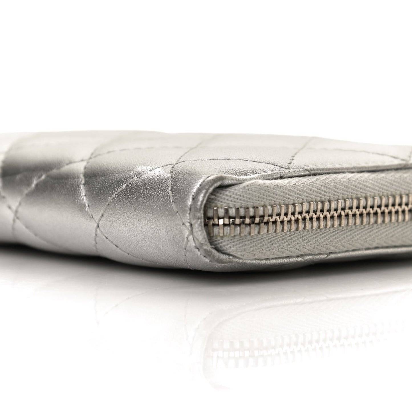 Metallic Lambskin Quilted Large Gusset Zip Around Wallet Silver
