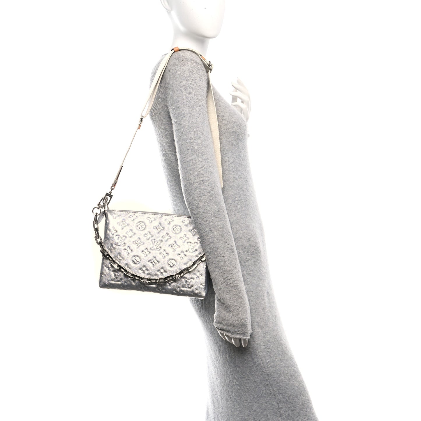 Metallic Lambskin Embossed Monogram Coussin PM  Silver
