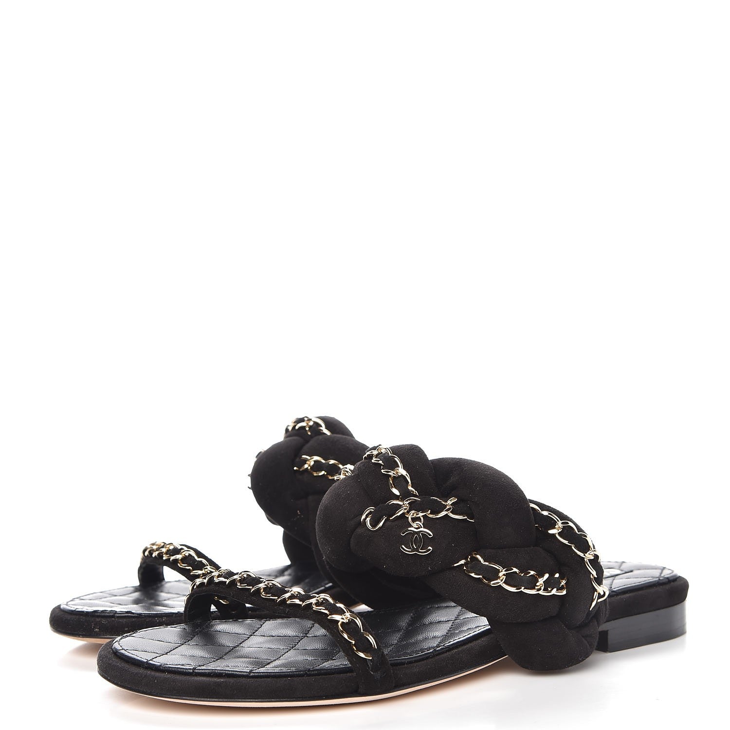 Chanel Kid Suede Braided Chain CC Slide Flat Sandals 35 Black 3 of 9
