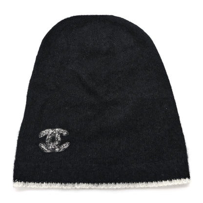 Chanel Cashmere Silk CC Beanie Hat Black White 1 of 6