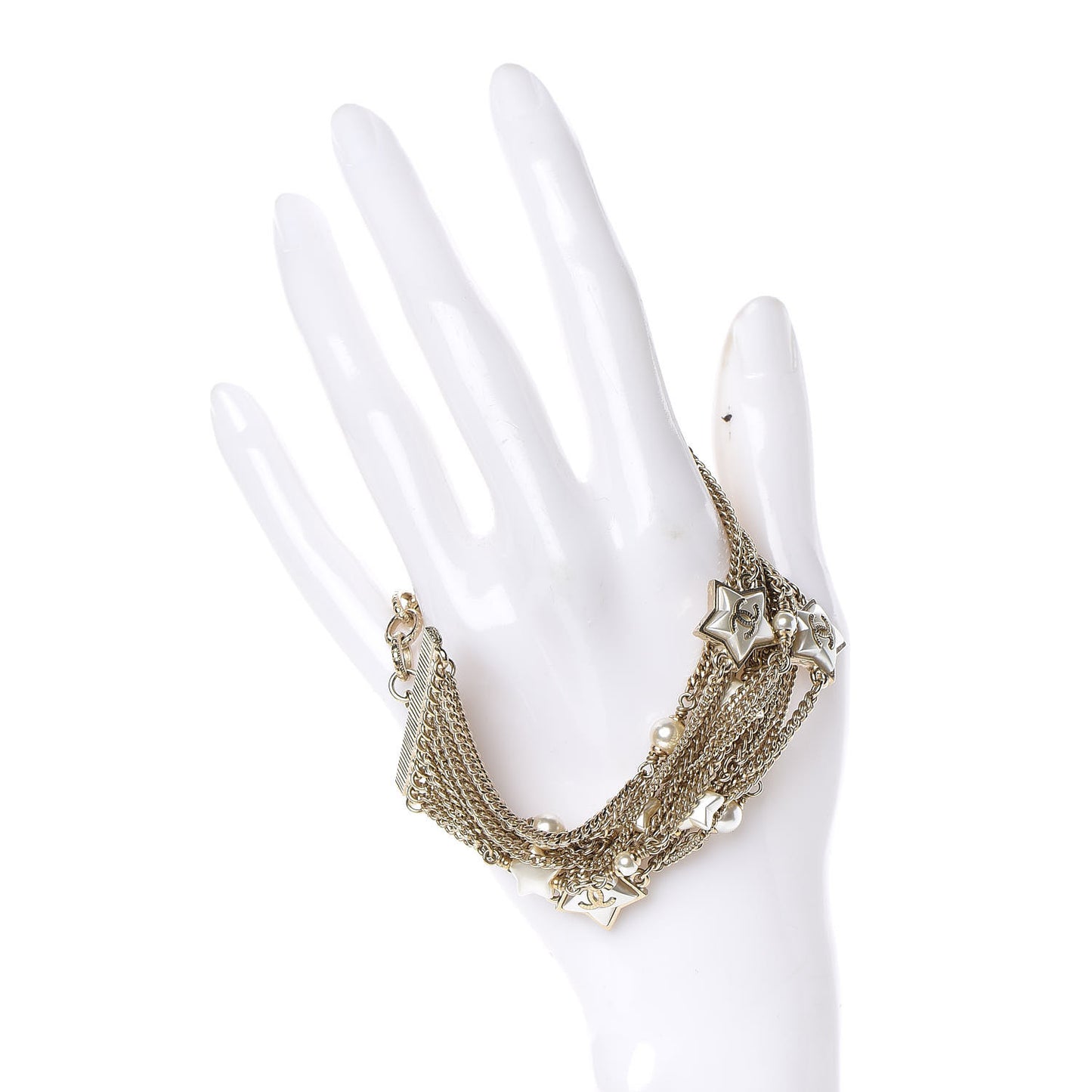 Metal Resin Pearl Multistrand Chain CC Bracelet Gold