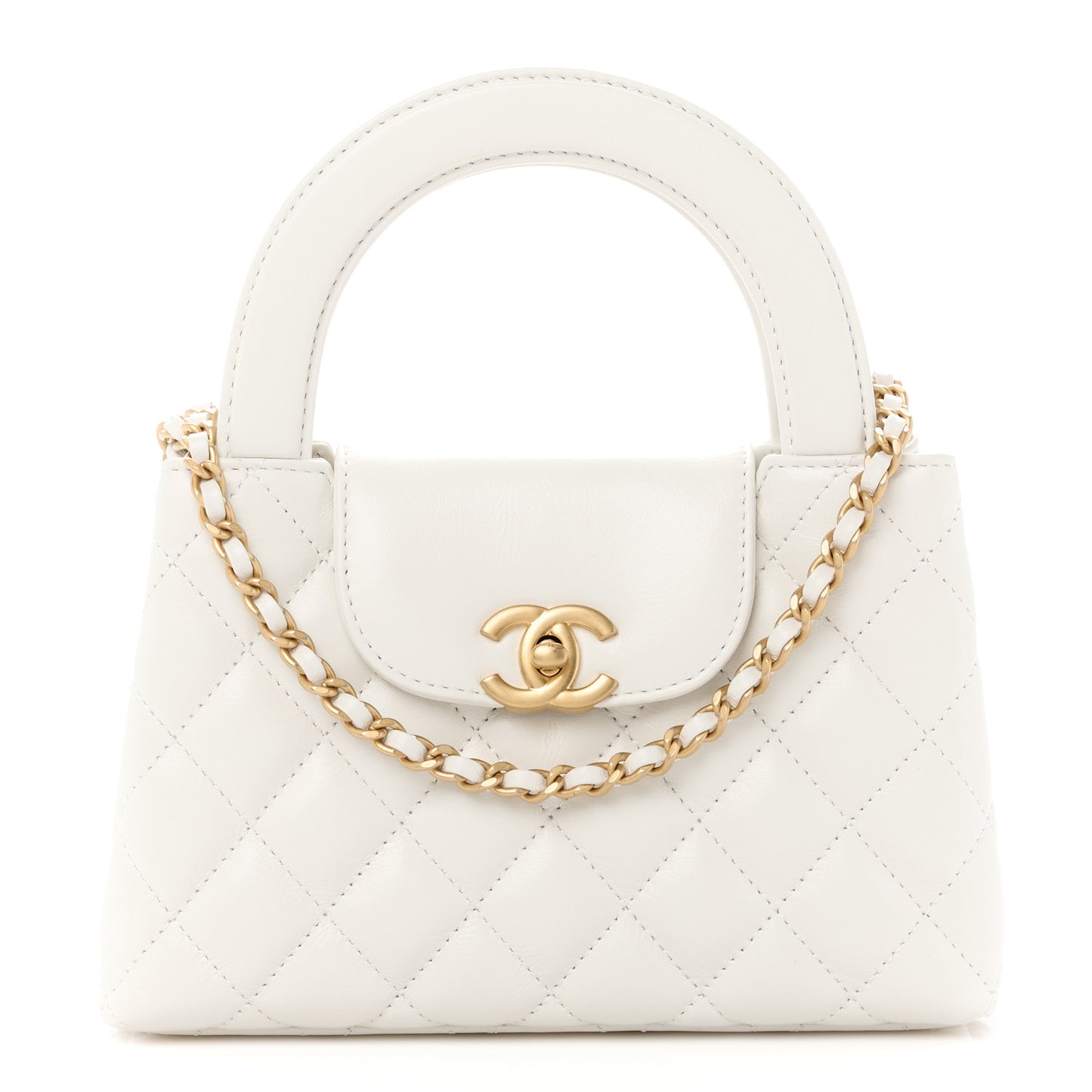 Shiny Aged Calfskin Quilted Nano Kelly Shopper White