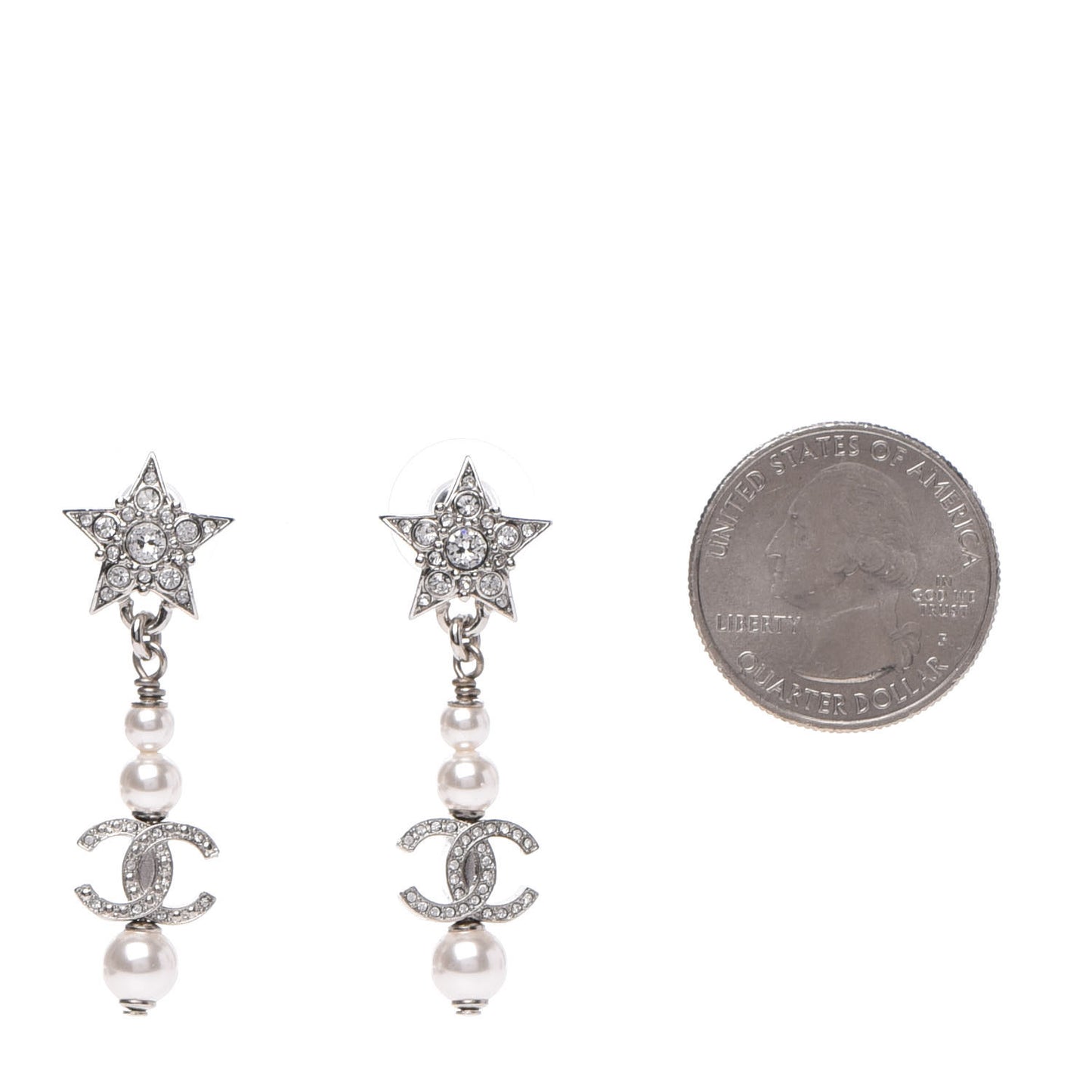 Crystal Pearl CC Star Drop Earrings Silver