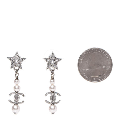 Chanel Crystal Pearl CC Star Drop Earrings Silver 2 of 4