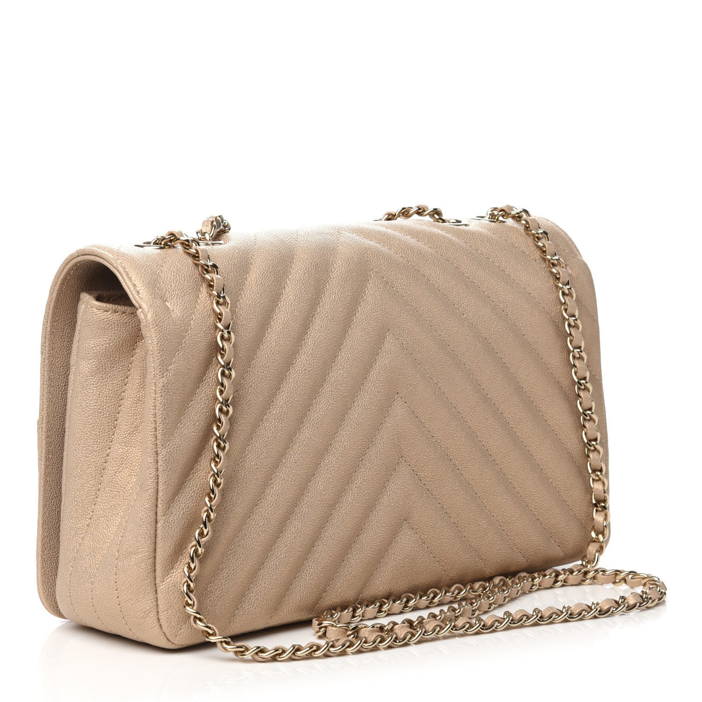 Metallic Caviar Chevron Quilted Medium Statement Flap Beige
