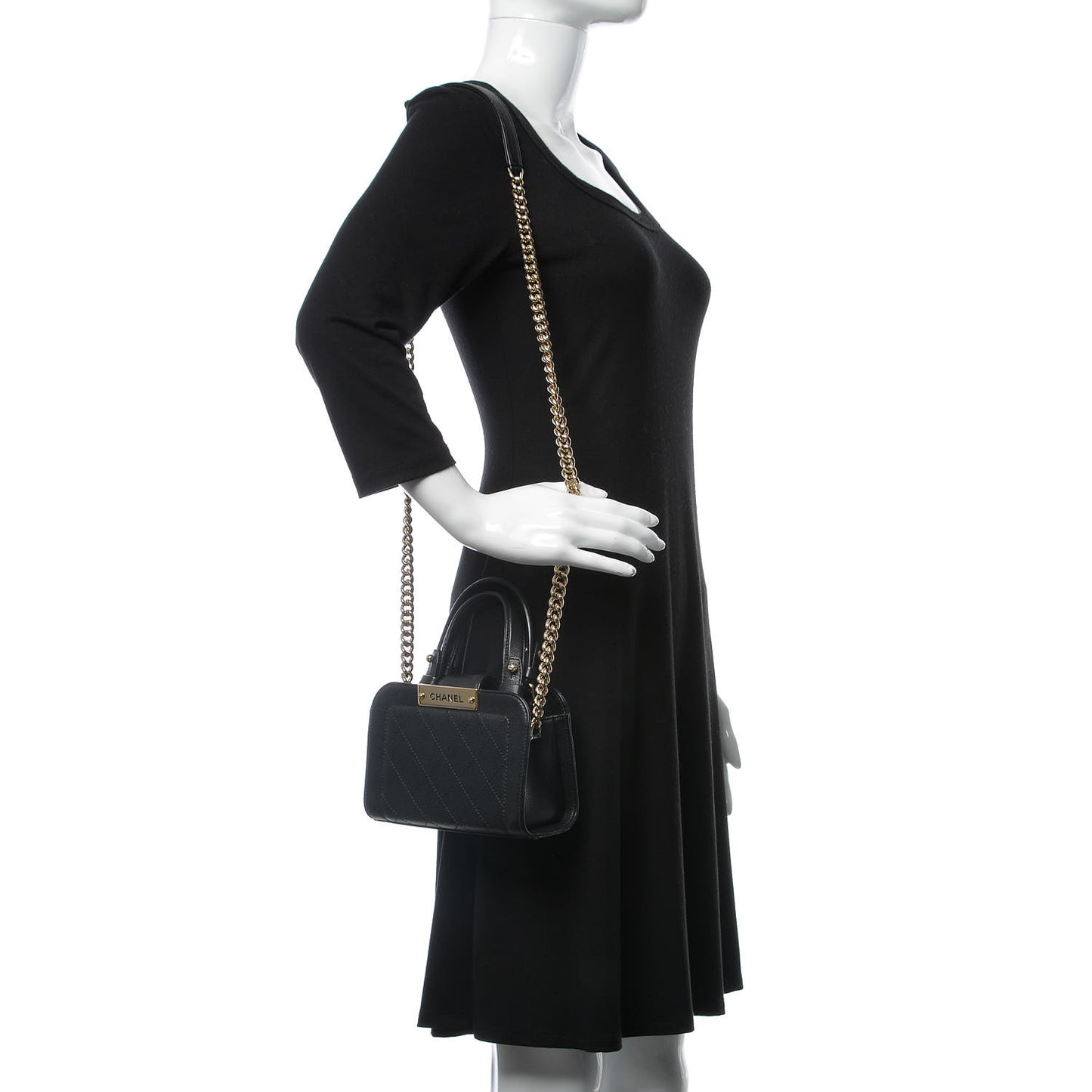 Grained Calfskin Stitched Mini Label Click Shopper Tote Black