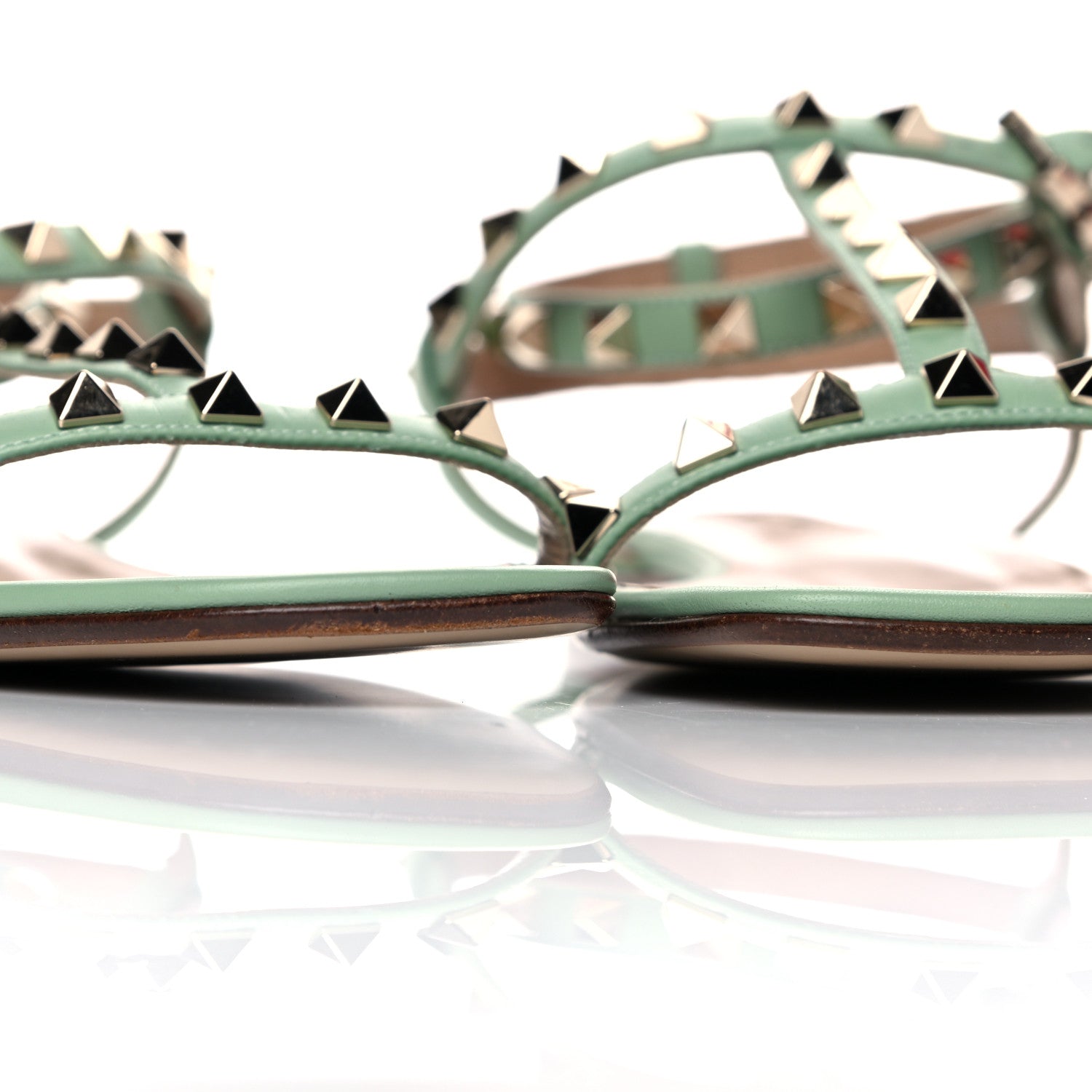 Valentino Garavani Calfskin Rockstud Ankle T-Strap Flat Sandals 39.5 Powder Green 10 of 13