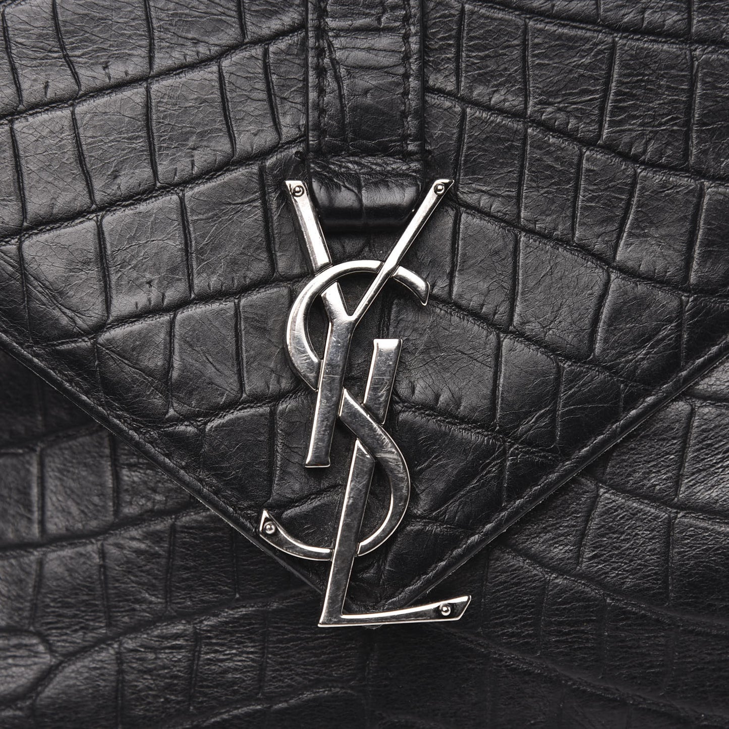 Calfskin Crocodile Embossed Medium College Monogram Satchel Black