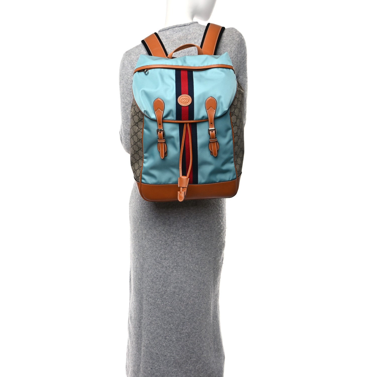 Gucci Nylon GG Supreme Monogram Azalea Calfskin Medium Retro Interlocking G Web Buckle Backpack Dusty Azure 3 of 9