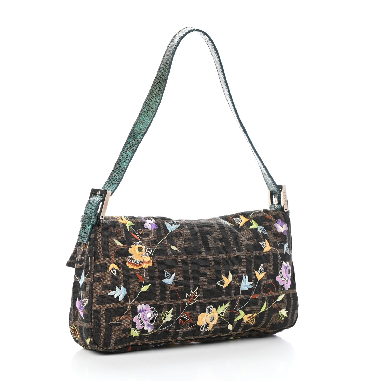 Lizard Zucca Floral Embroidered Baguette Tobacco Multicolor