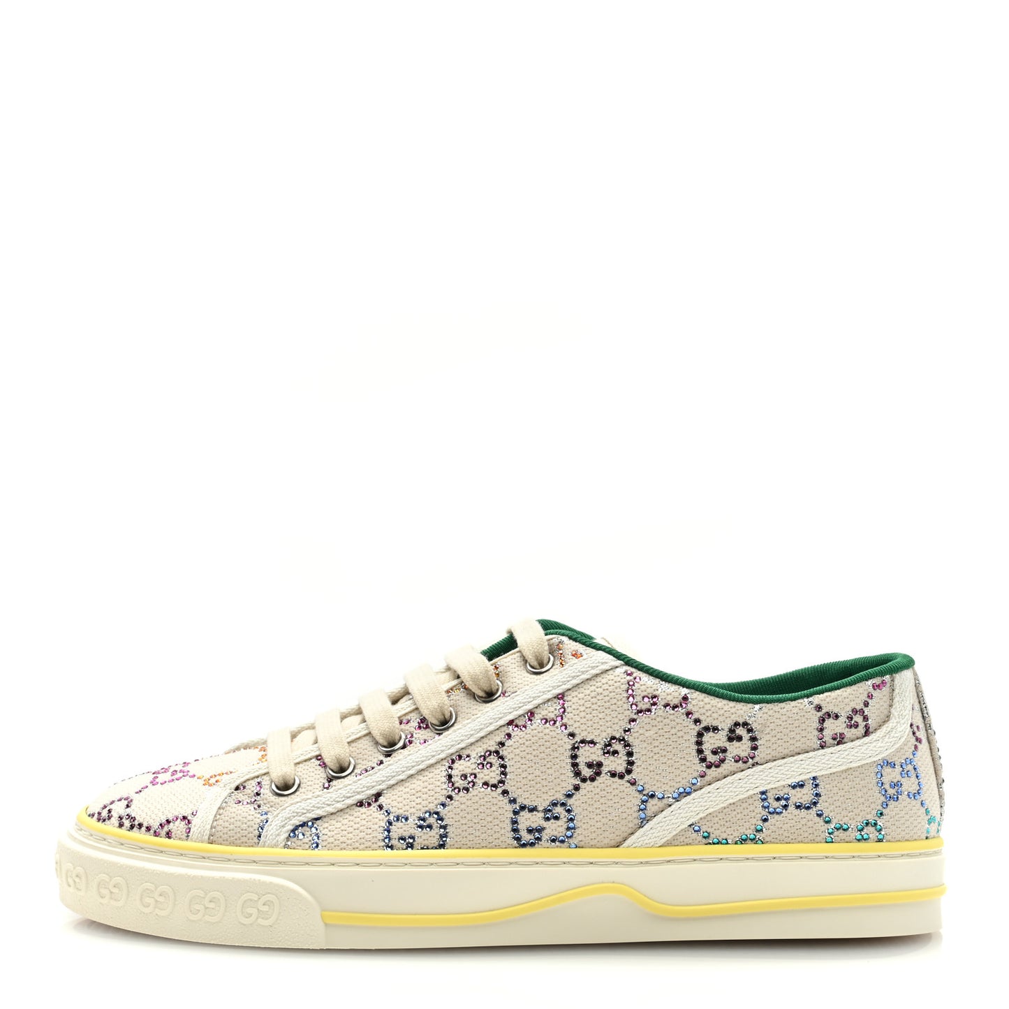 Canvas Lame Crystal GG Monogram Womens 1977 Tennis Sneakers 39.5 Gardenia Silver Mystic White