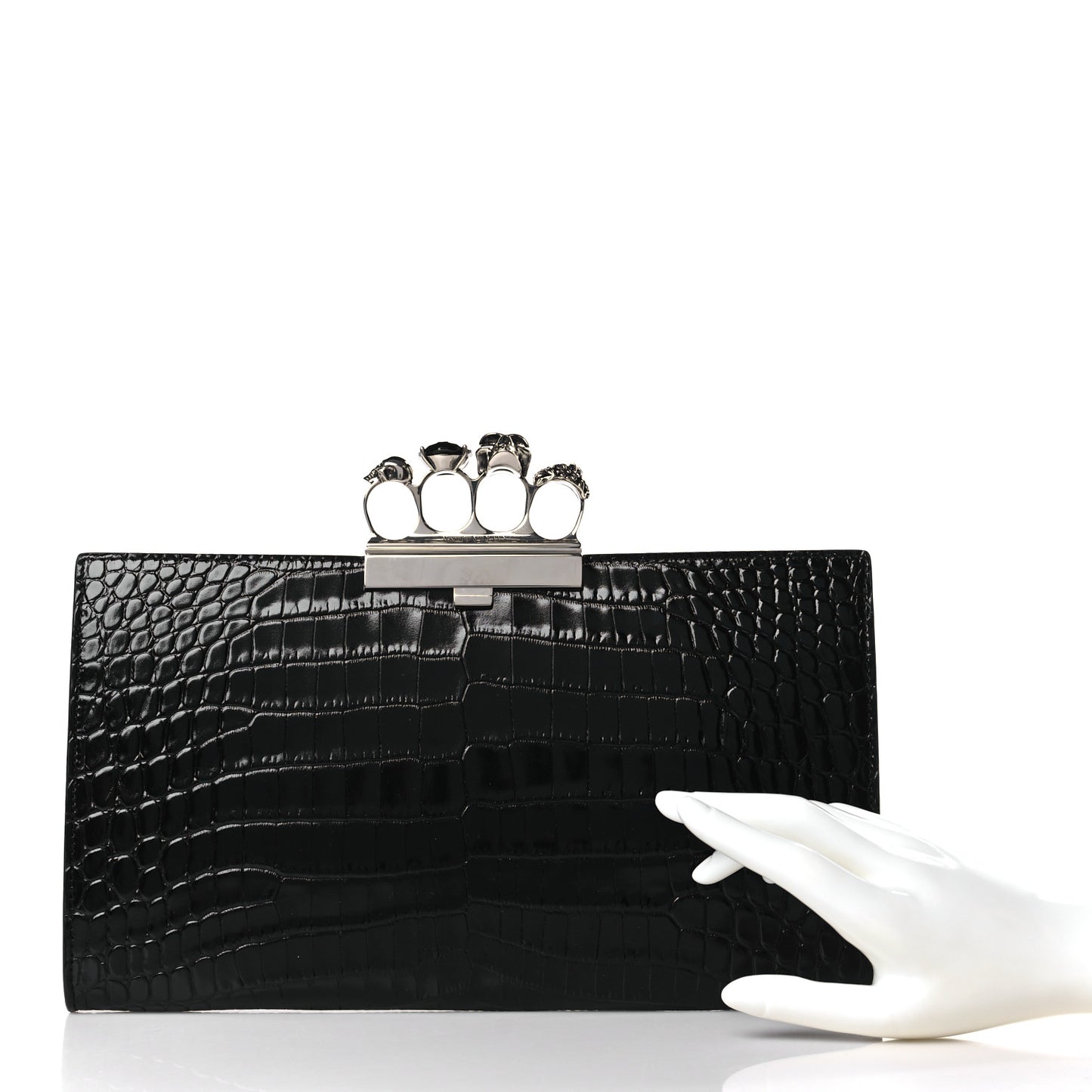 Calfskin Crocodile Embossed Knuckle Flat Clutch Black