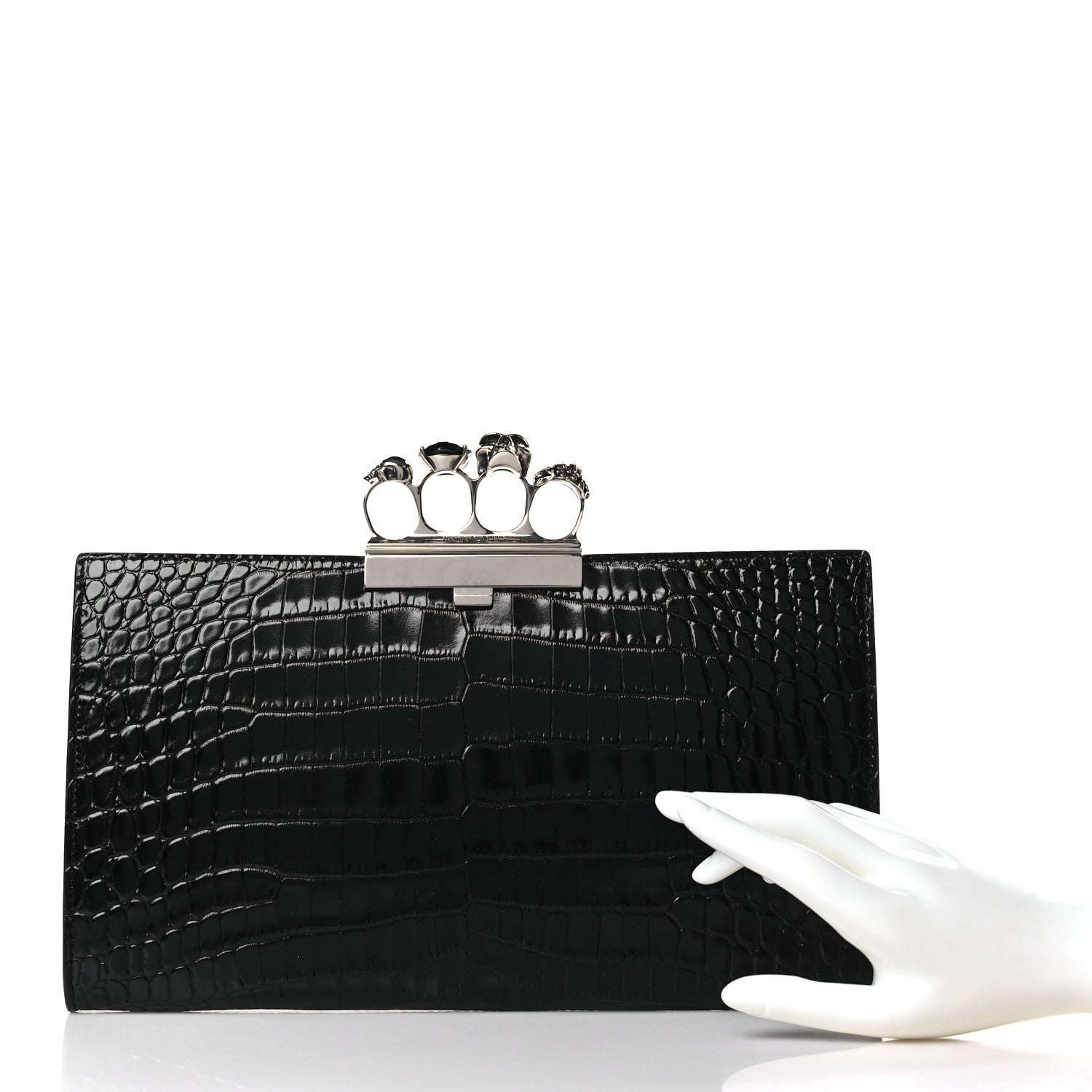 Alexander McQueen Calfskin Crocodile Embossed Knuckle Flat Clutch Black 2 of 9