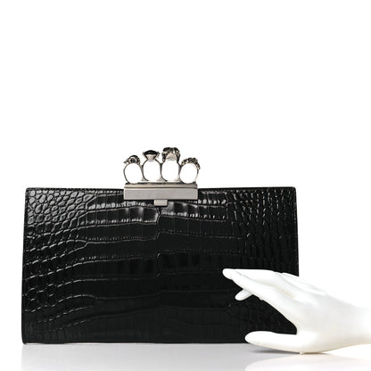 Alexander McQueen Calfskin Crocodile Embossed Knuckle Flat Clutch Black 2 of 9