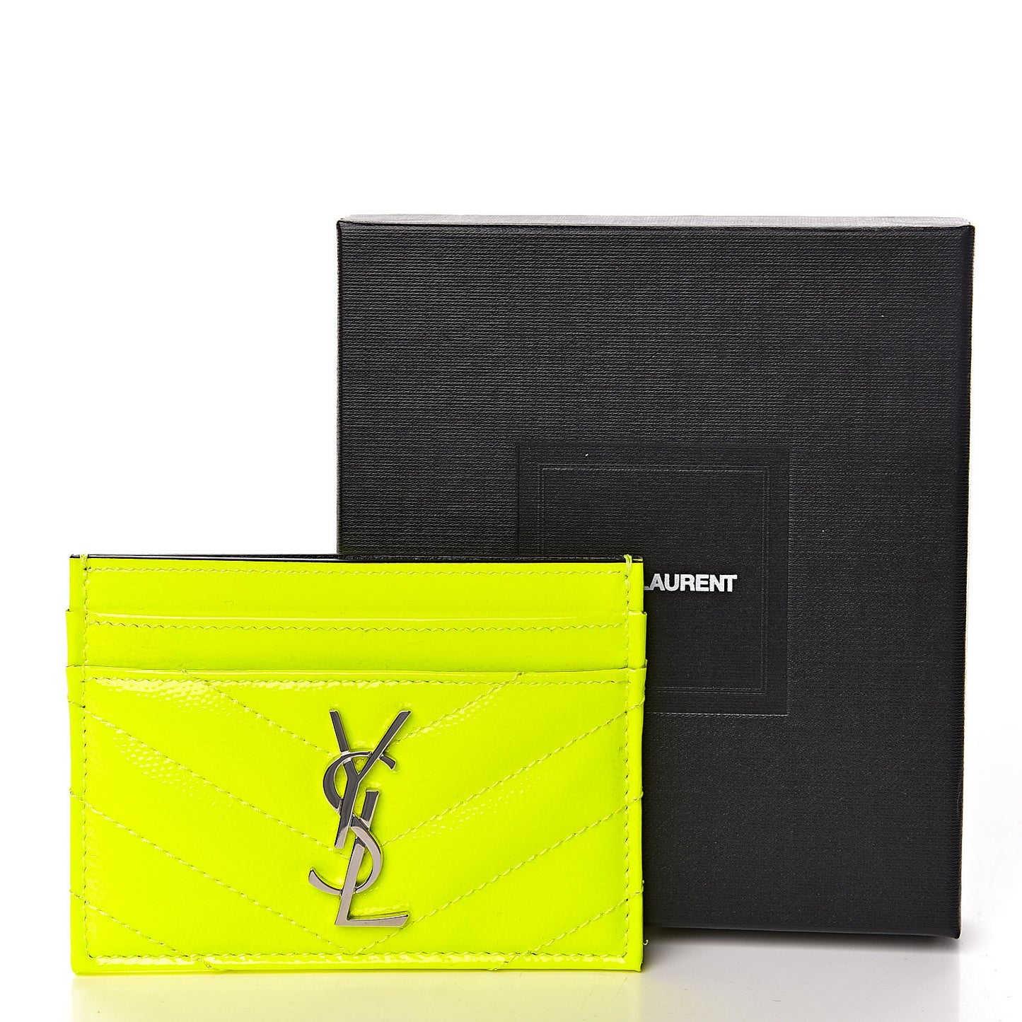 Patent Grain De Poudre Matelasse Chevron Monogram Credit Card Case Neon Yellow