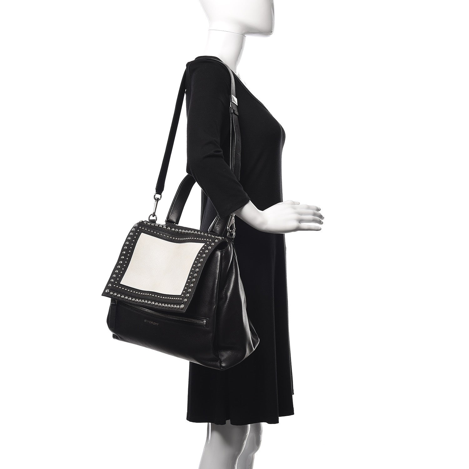 Givenchy Calfskin Studded Medium Pandora Pure Flap Bag Black White 2 of 11