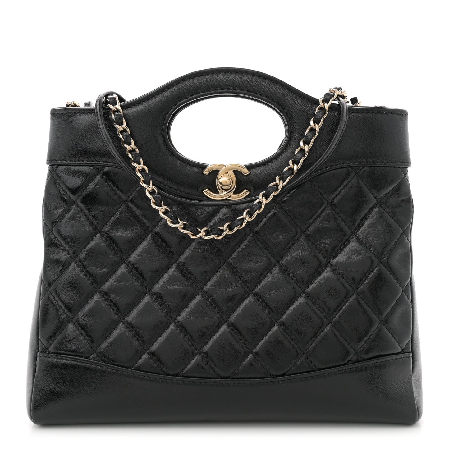 Shiny Crumpled Calfskin Quilted Mini 31 Shopping Bag Black