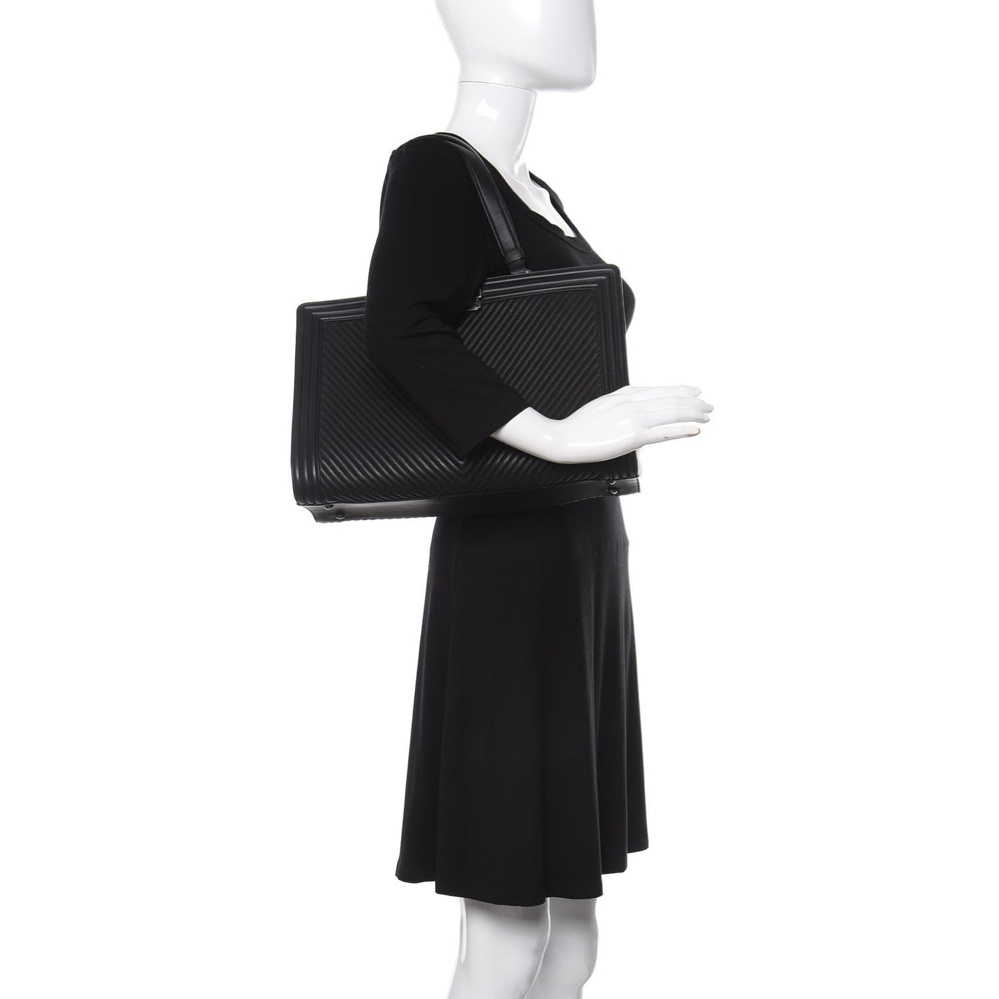 Calfskin Chevron Quilted Boy Shopping Tote Black