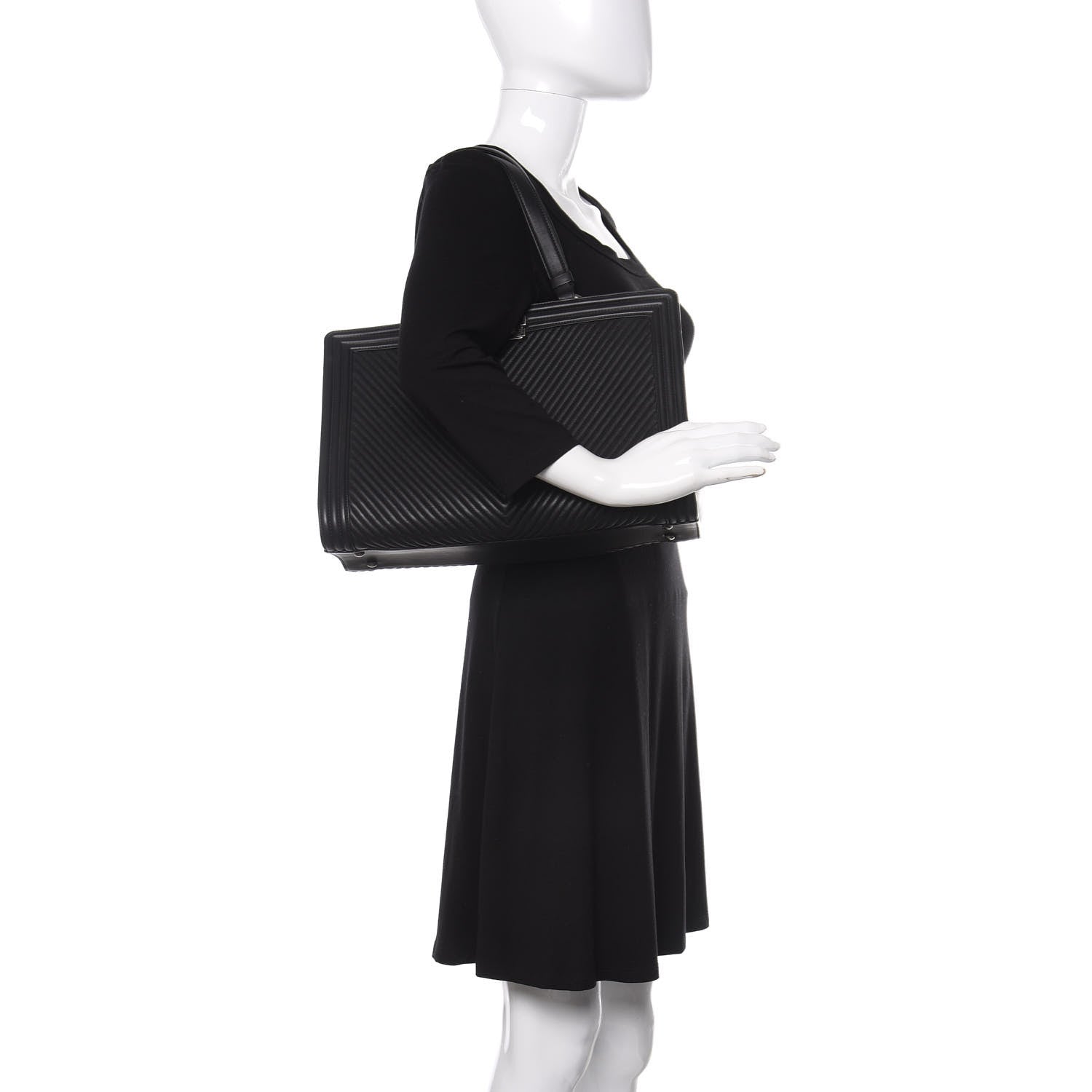 Chanel Calfskin Chevron Quilted Boy Shopping Tote Black 2 of 11