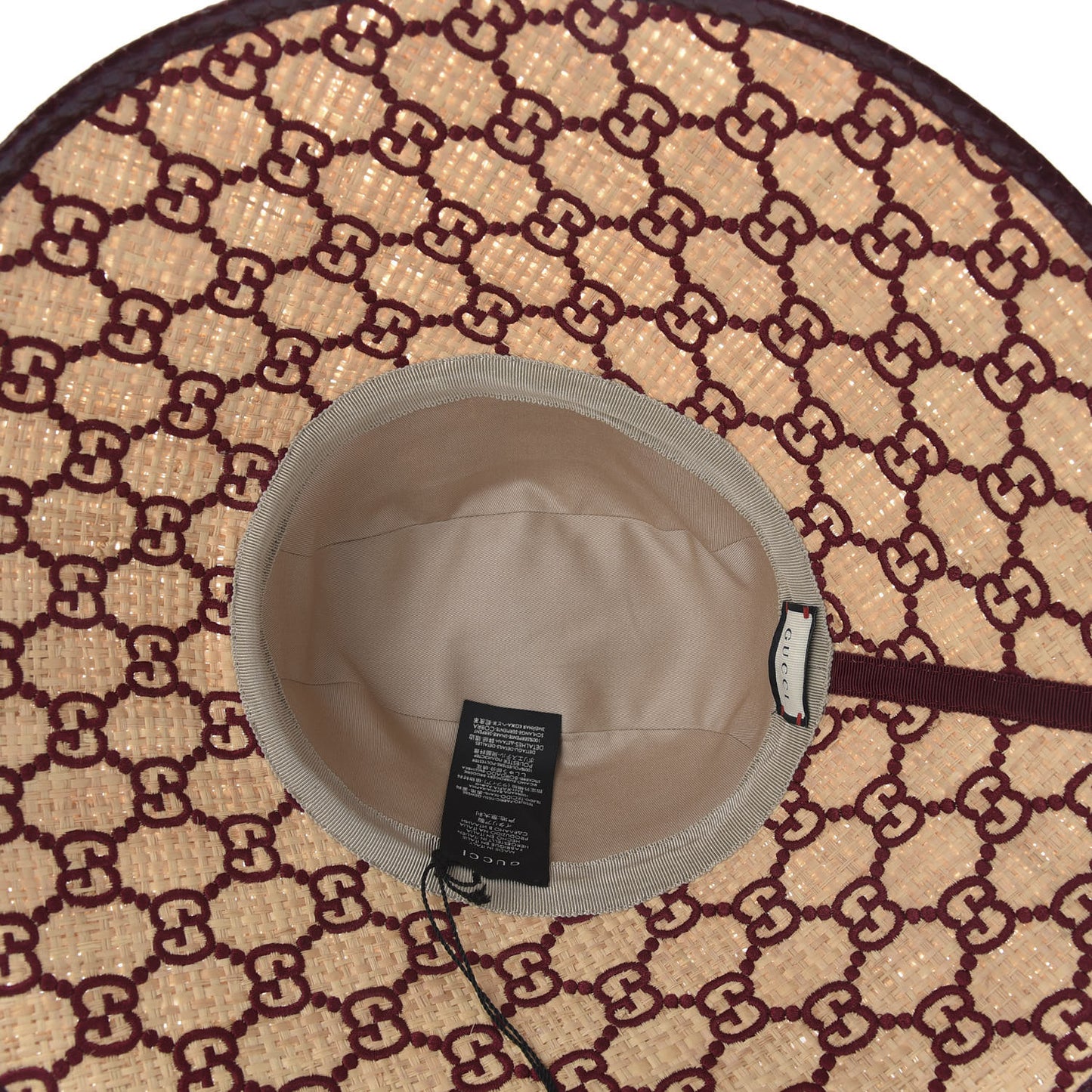 Raffia Elaphe GG Monogram Embroidered Wide Brim Hat Ivory Bordeaux