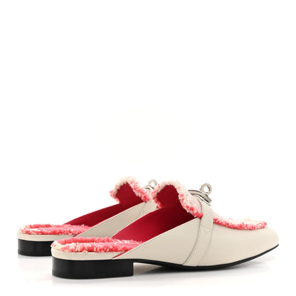 Hermes Calfskin Fringed H Canvas Oz Mules 36 Beige Glaise Framboise 4 of 11