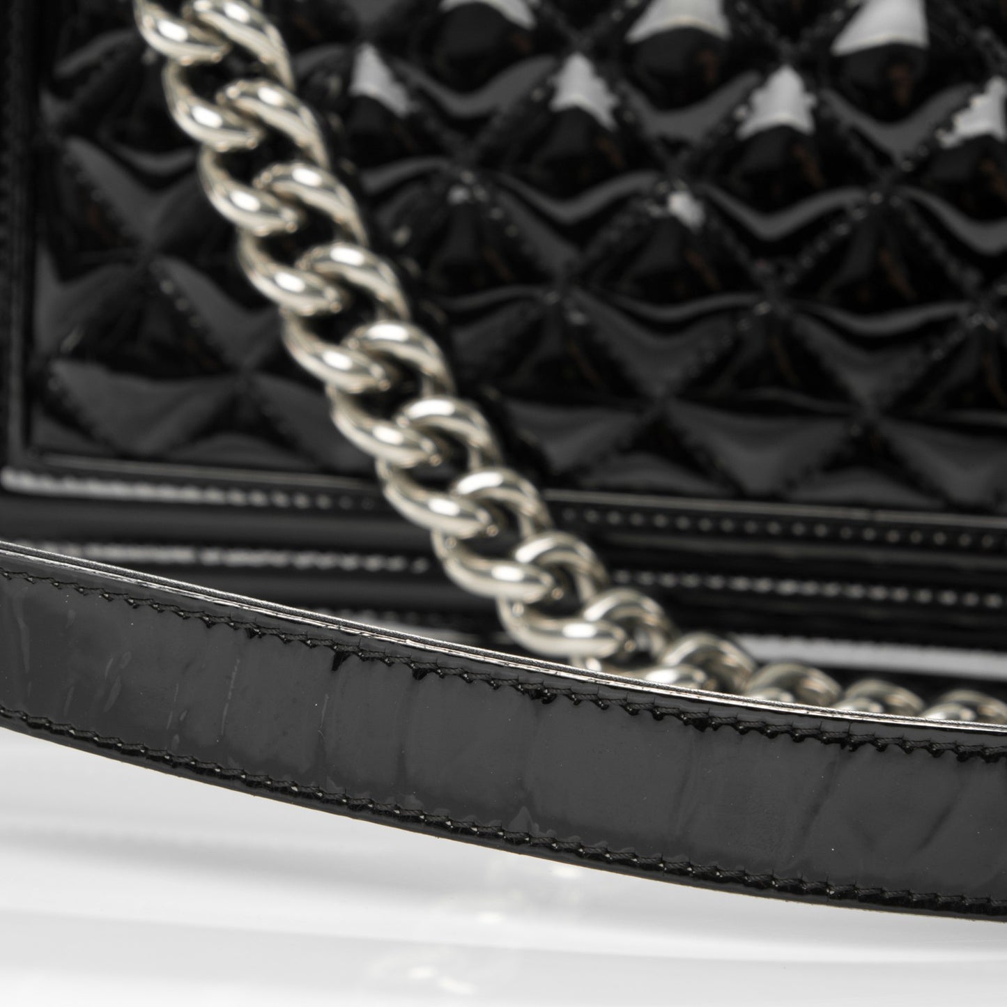Patent Calfskin Quilted Medium Plexiglass Boy Flap Black