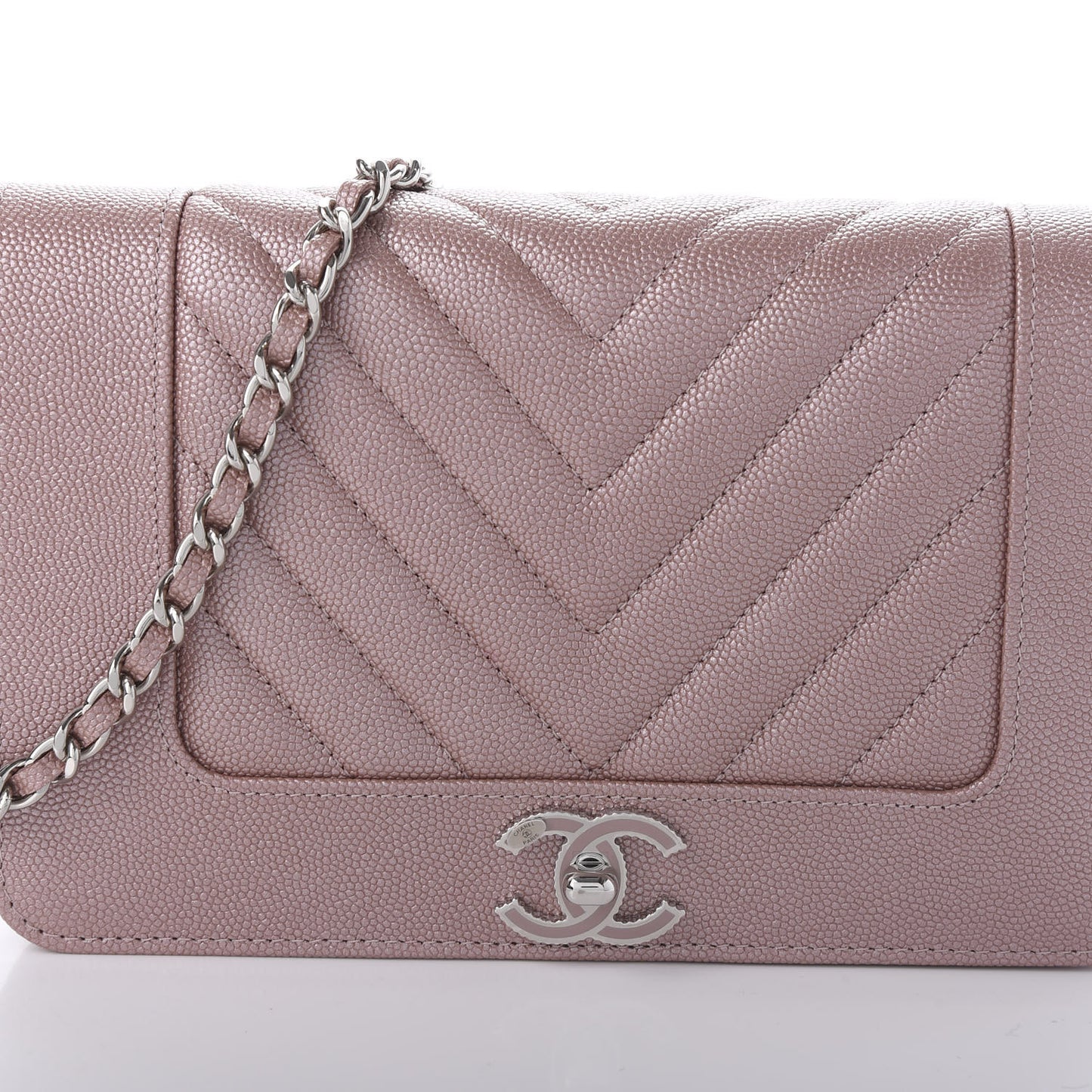 Metallic Caviar Chevron Quilted Vintage Mademoiselle Wallet On Chain WOC Pink