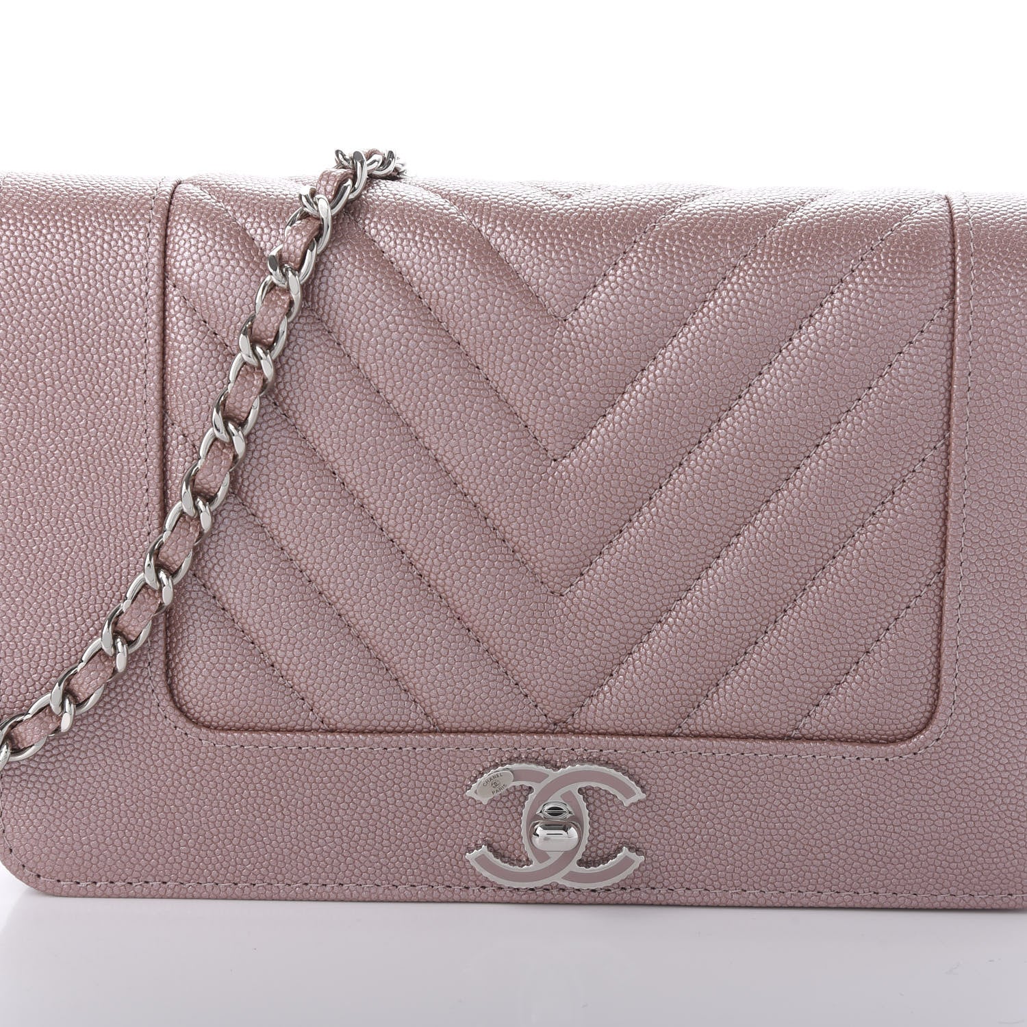 Chanel Metallic Caviar Chevron Quilted Vintage Mademoiselle Wallet On Chain WOC Pink 7 of 10