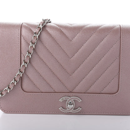 Chanel Metallic Caviar Chevron Quilted Vintage Mademoiselle Wallet On Chain WOC Pink 7 of 10