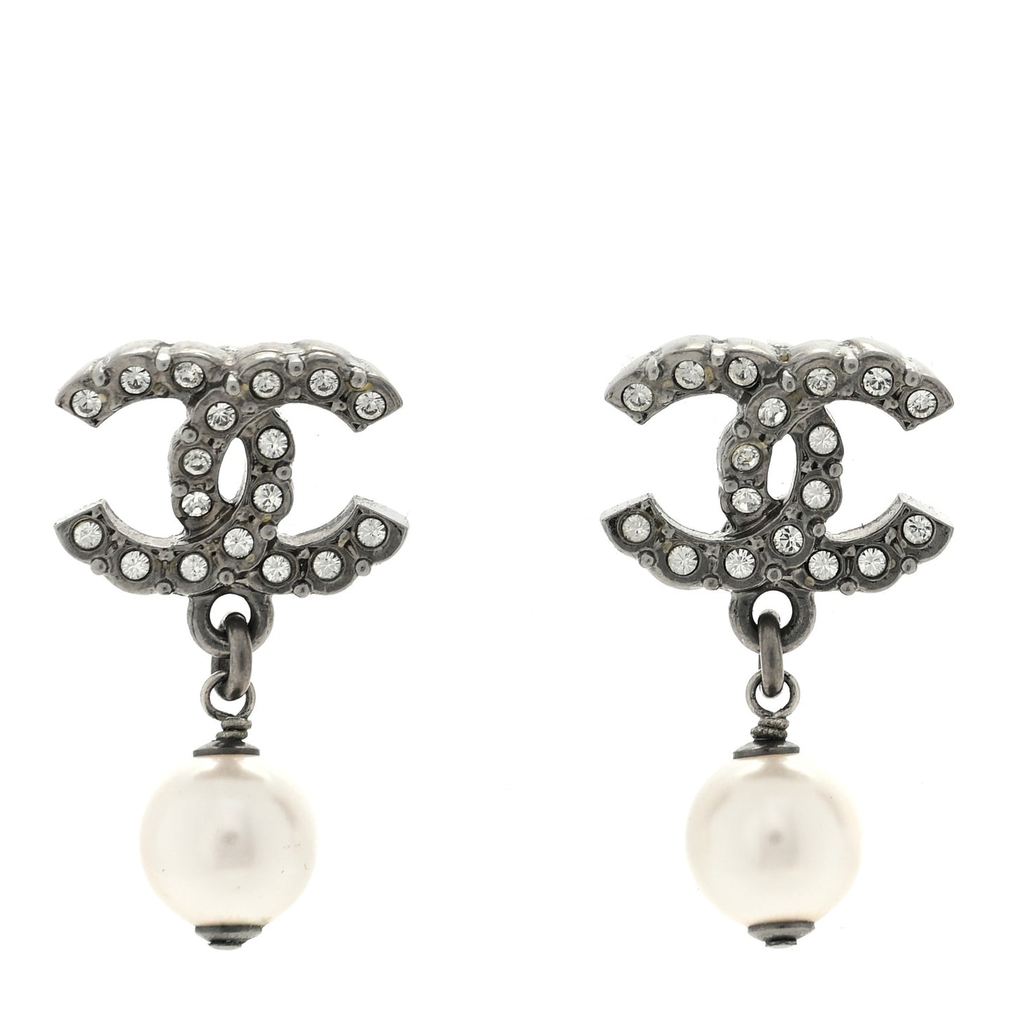 Pearl Crystal CC Drop Earrings Silver Pearly White