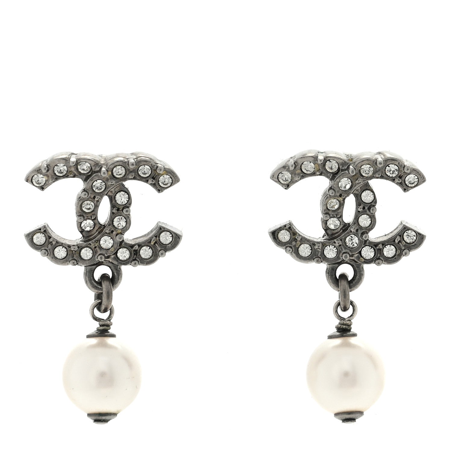 Chanel Pearl Crystal CC Drop Earrings Silver Pearly White 1 of 5