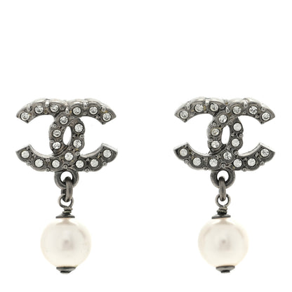 Chanel Pearl Crystal CC Drop Earrings Silver Pearly White 1 of 5
