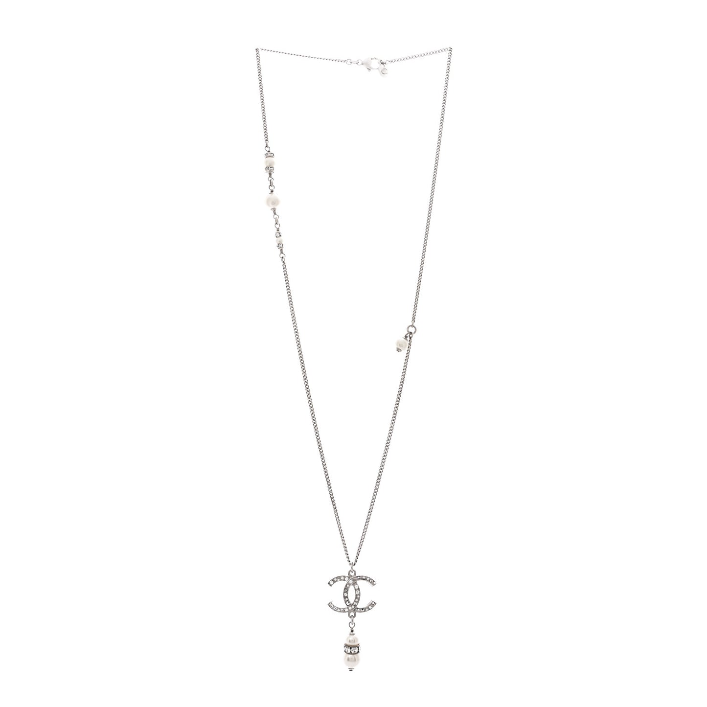 Crystal Pearl CC Necklace Silver