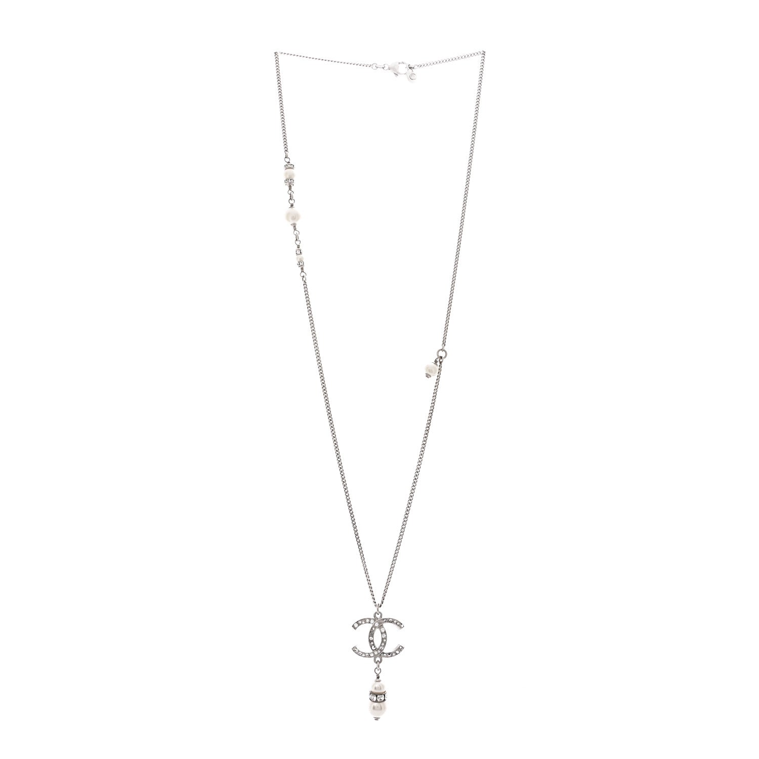 Chanel Crystal Pearl CC Necklace Silver 3 of 6