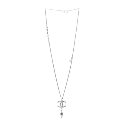 Chanel Crystal Pearl CC Necklace Silver 3 of 6
