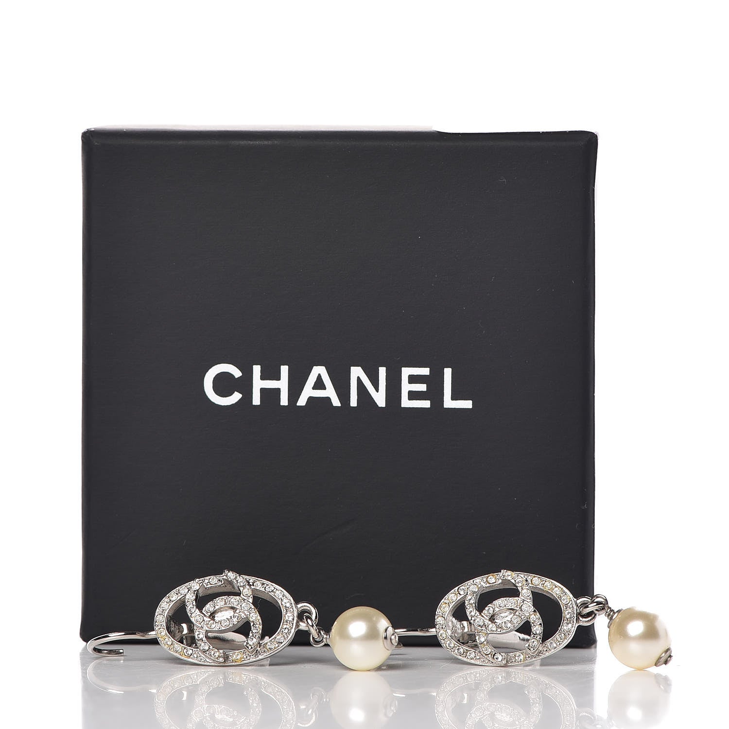 Chanel Crystal Pearl CC Drop Earrings Silver 5 of 5