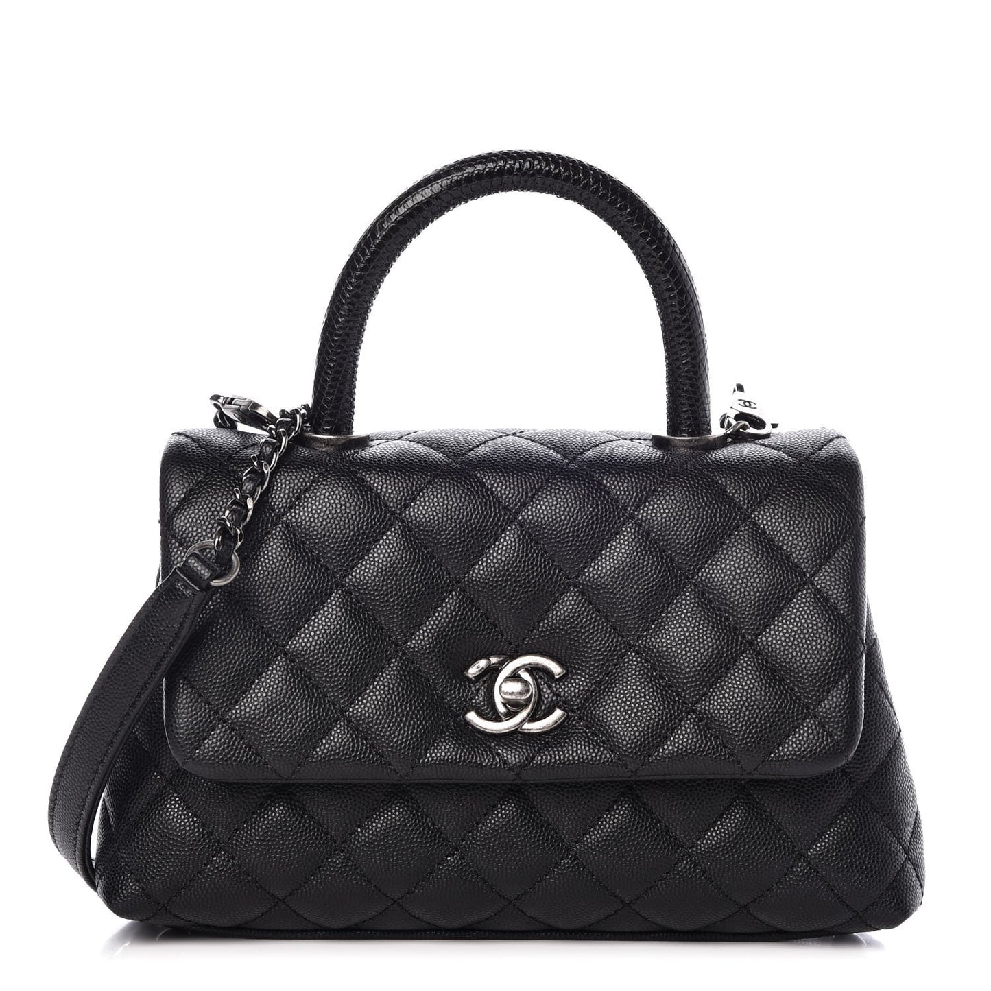 Caviar Lizard Quilted Mini Coco Handle Flap Black