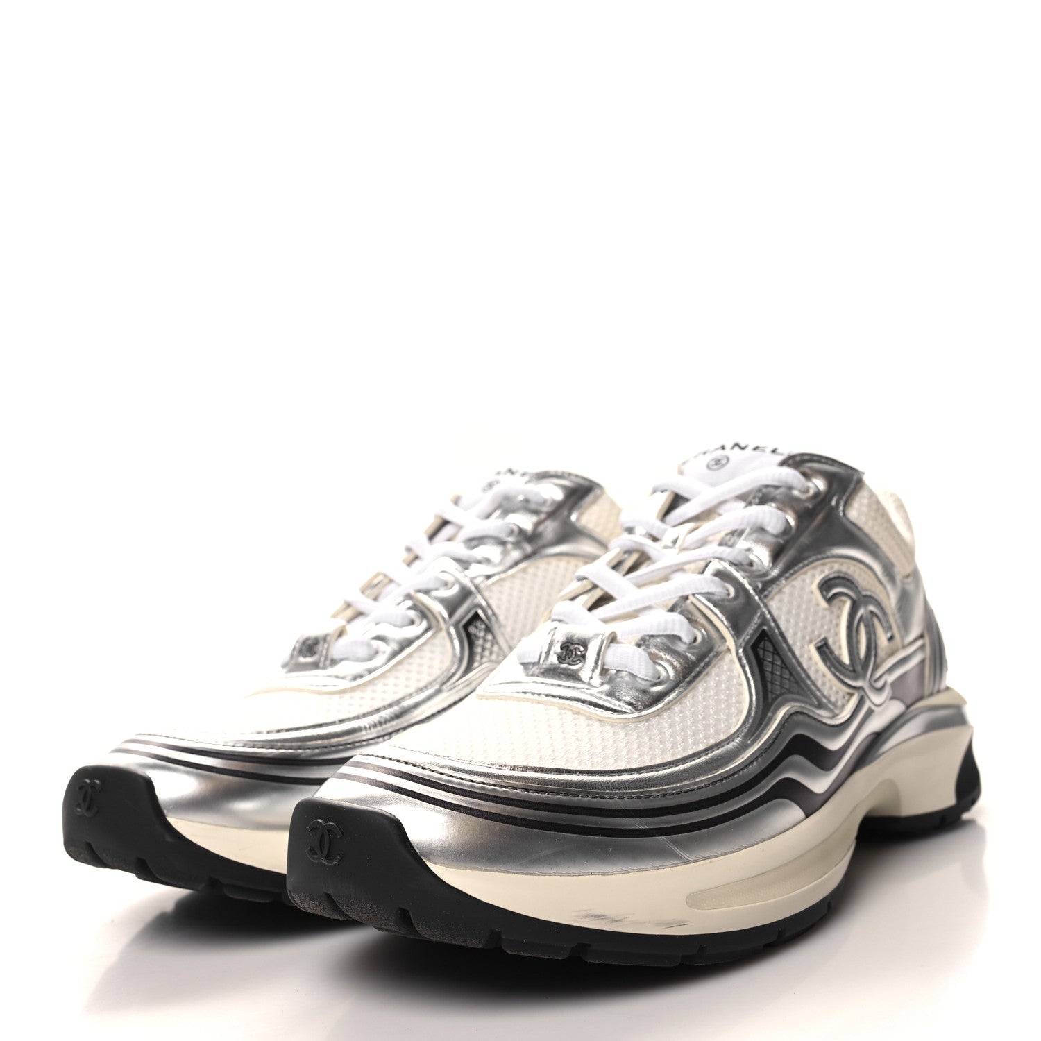 Chanel Fabric Laminated Calfskin Stretch CC Womens Sneakers 40 White Gold Silver 3 of 9