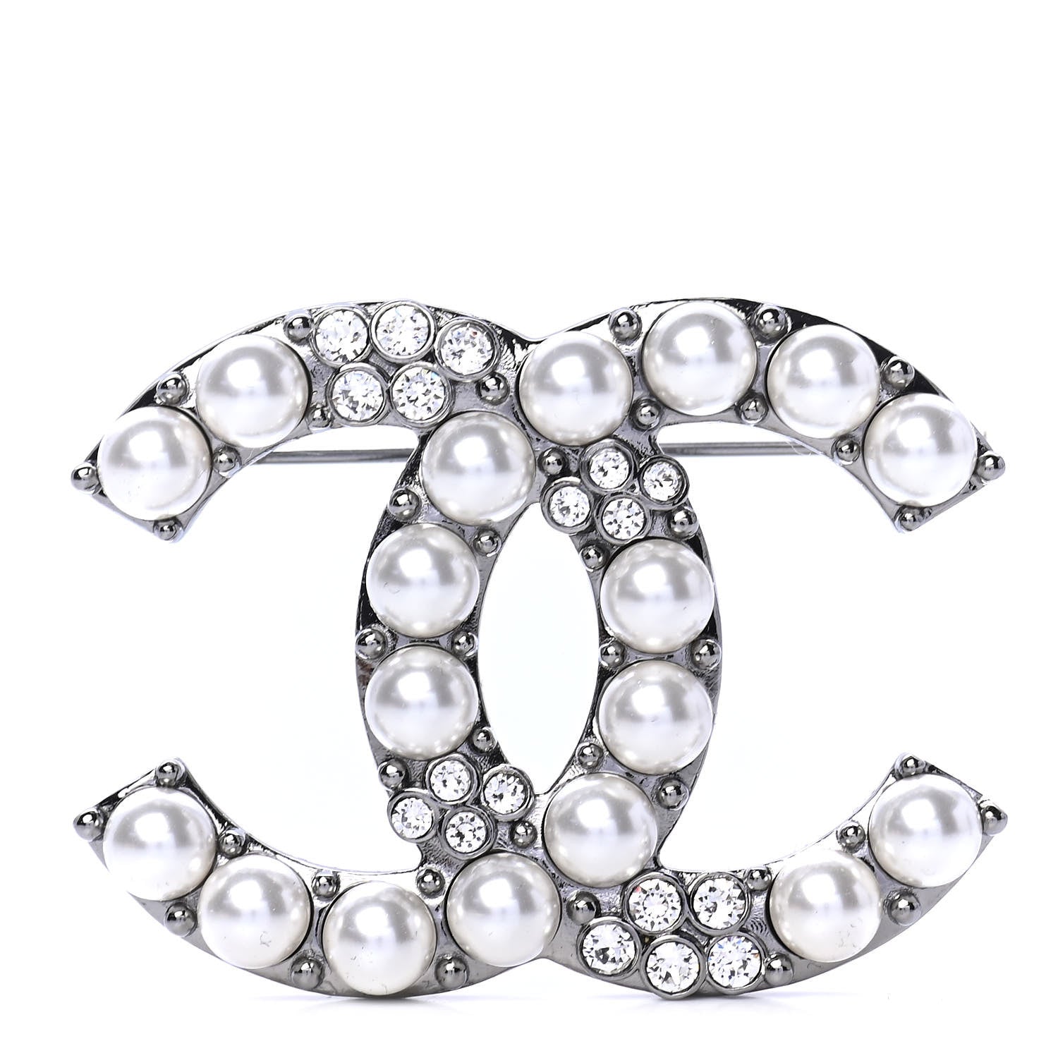 Chanel Pearl Crystal CC Brooch Silver 1 of 3