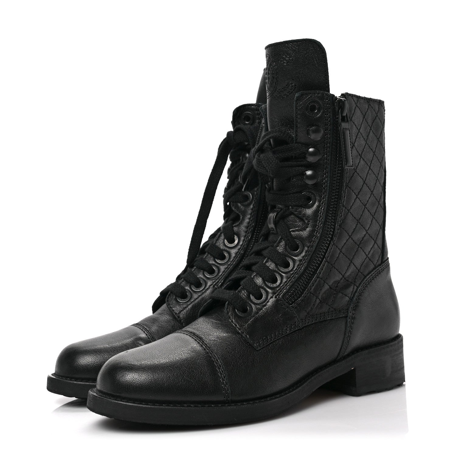 Chanel Sheepskin Quilted CC Tall Lace Up Combat Boots 36.5 Black 3 of 6