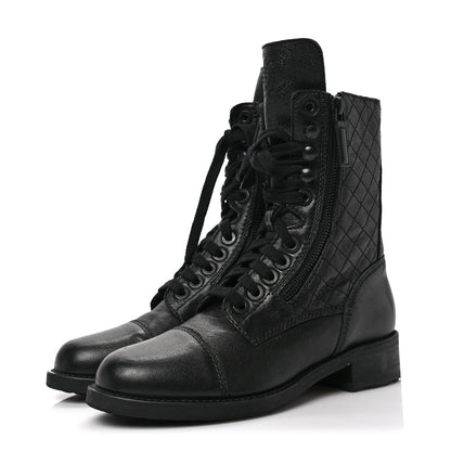 Chanel Sheepskin Quilted CC Tall Lace Up Combat Boots 36.5 Black 3 of 6