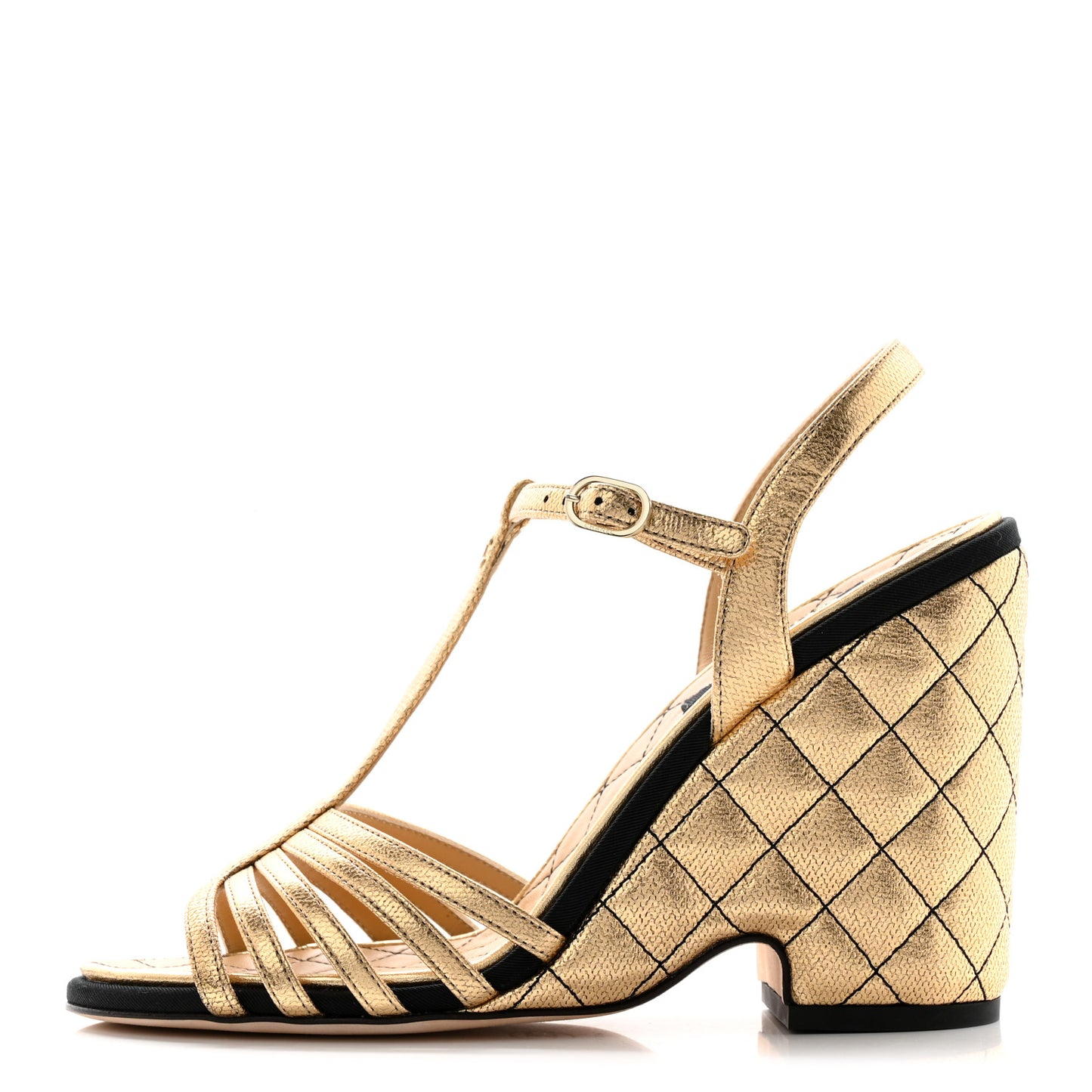 Laminated Goatskin Quilted Wedge Sandals 38.5 Gold