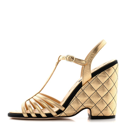 Chanel Laminated Goatskin Quilted Wedge Sandals 38.5 Gold 1 of 12